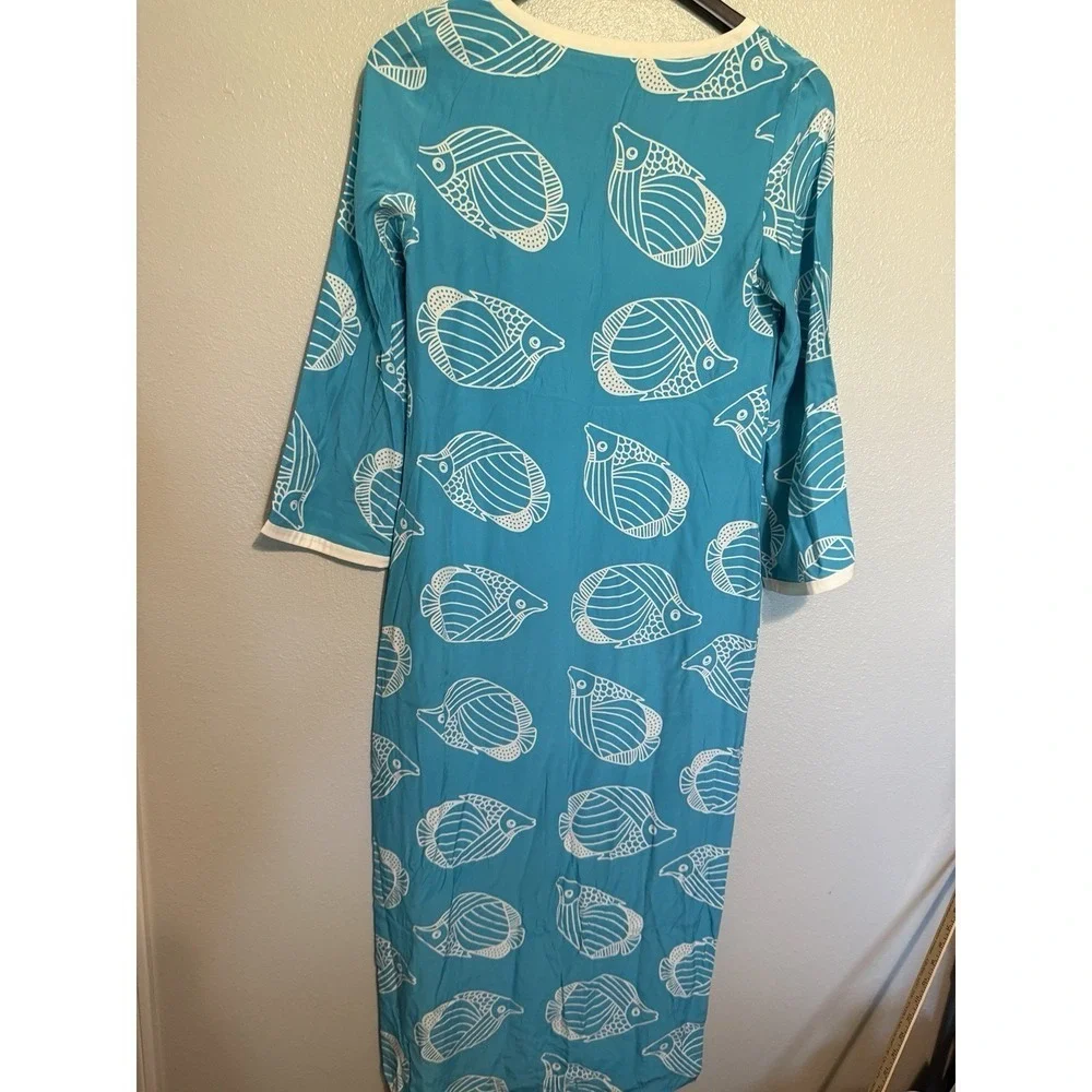 Sail To‎ Sable STS Maxi Dress Women's Size XS 100% Silk Blue Fish Tropical
